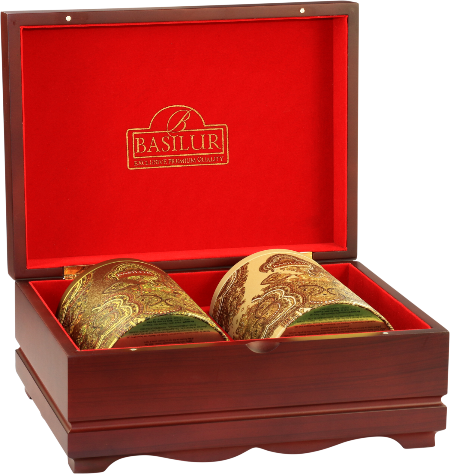 Zestaw herbat Basilur Oriental Collection 2 w otwartej drewnianej skrzynce z czerwonym wnętrzem.
