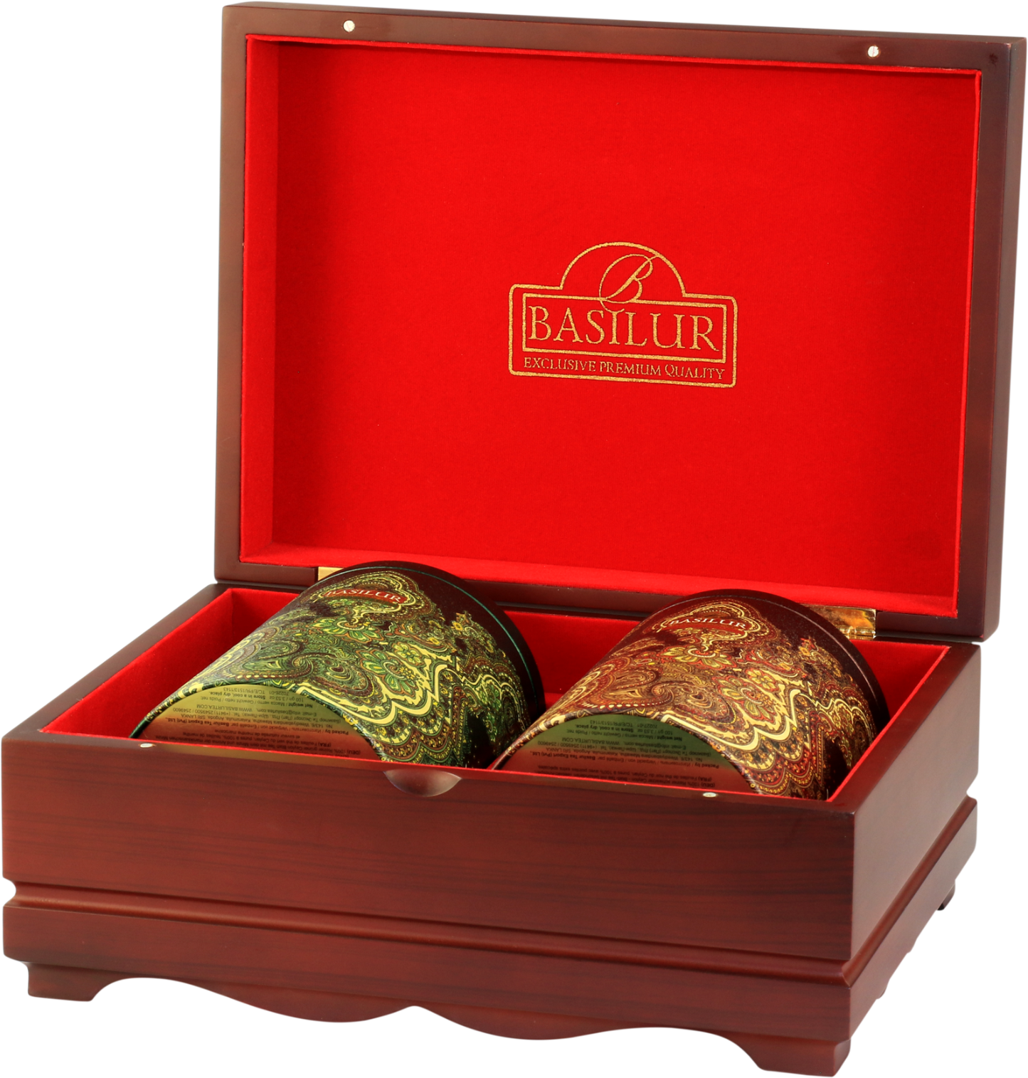 Otwarta drewniana szkatułka Basilur Oriental Collection 3 z dwiema puszkami herbat.