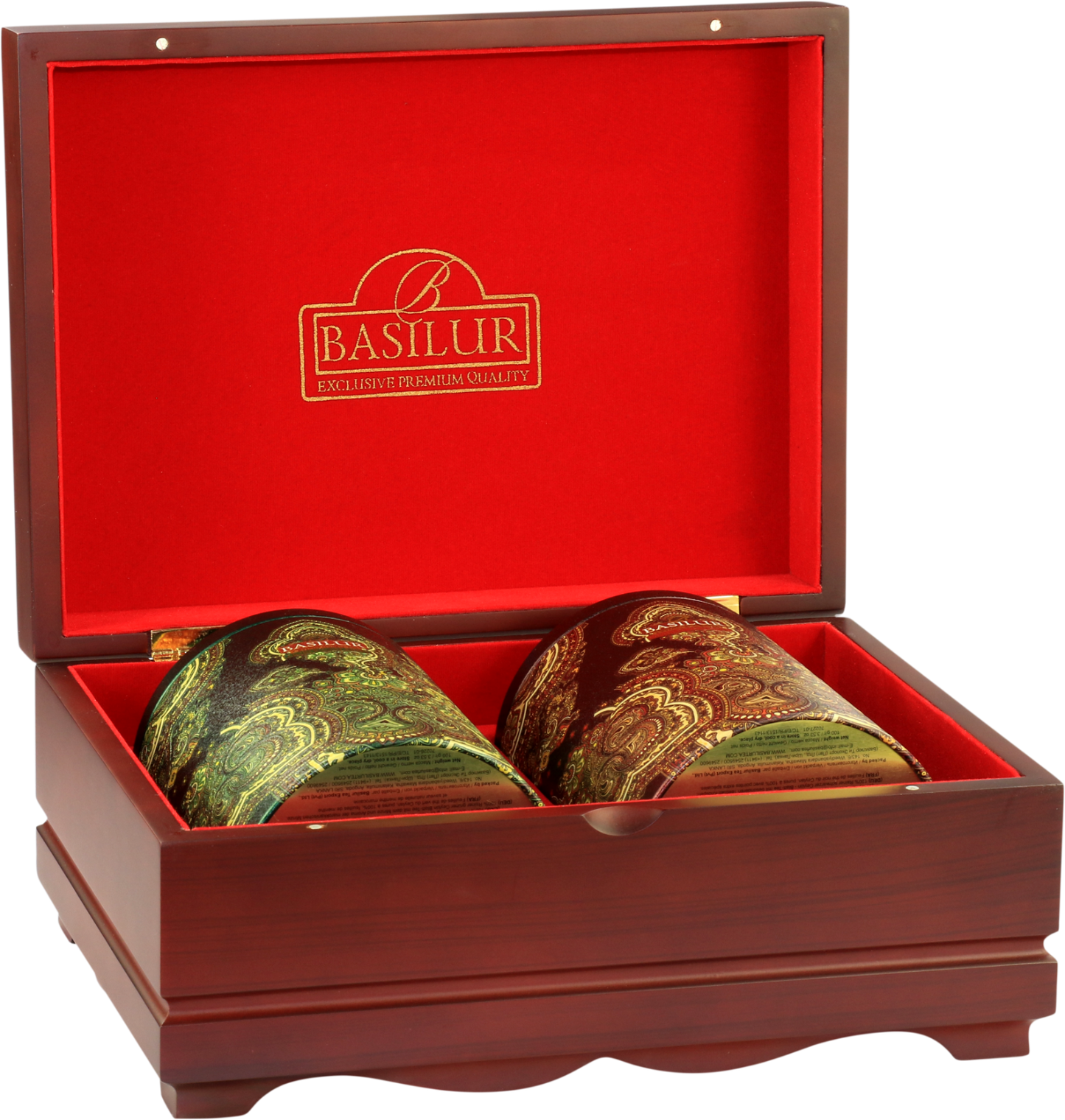 Zestaw herbat Basilur Oriental Collection 3 w eleganckim drewnianym pudełku z czerwonym wnętrzem.