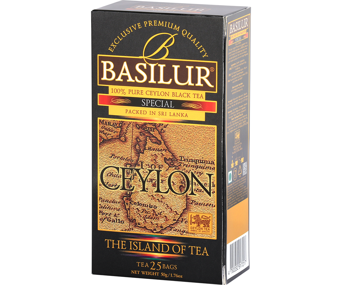 Bok pudełka herbaty Basilur Special z detalami produktu.