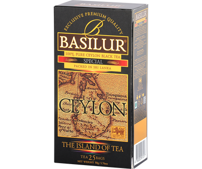 Bok pudełka herbaty Basilur Special z detalami produktu.