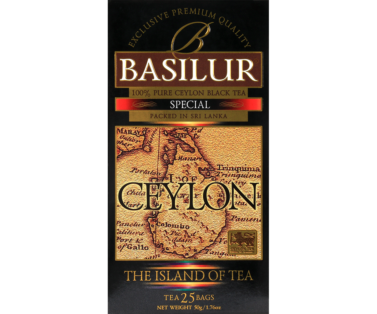 Herbata Basilur Special Ceylon w eleganckim czarno-złotym opakowaniu.