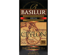 Herbata Basilur Special Ceylon w eleganckim czarno-złotym opakowaniu.