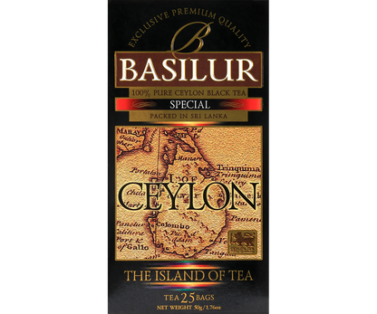 Herbata Basilur Special Ceylon w eleganckim czarno-złotym opakowaniu.