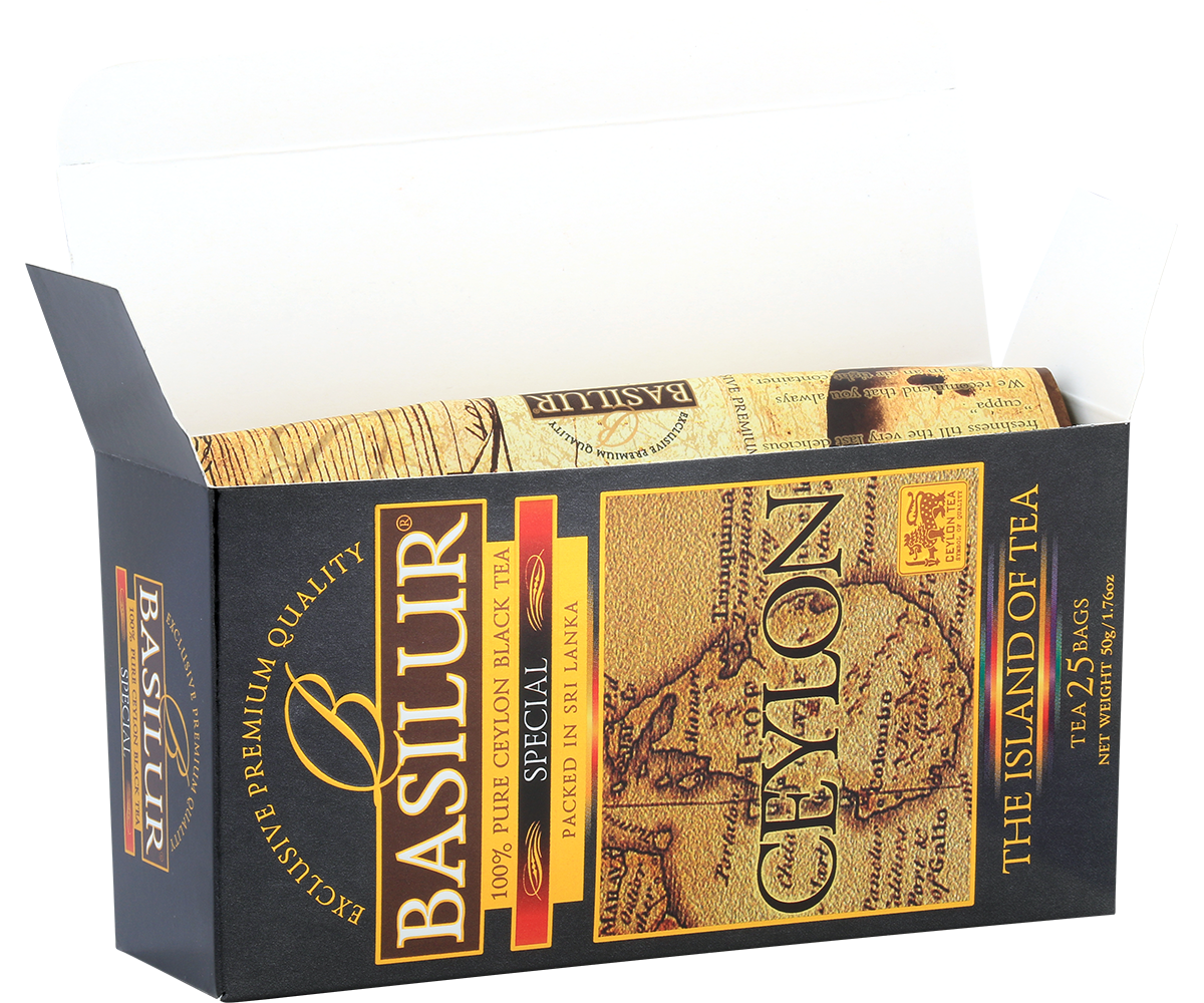 Otwarte pudełko Basilur Special z widocznymi torebkami herbaty.