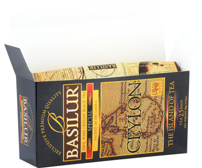 Otwarte pudełko Basilur Special z widocznymi torebkami herbaty.