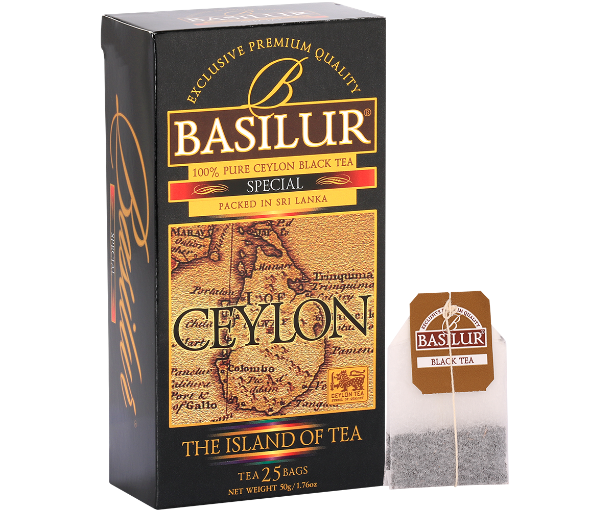 Pudełko herbaty Basilur Special z torebką czarnej herbaty.
