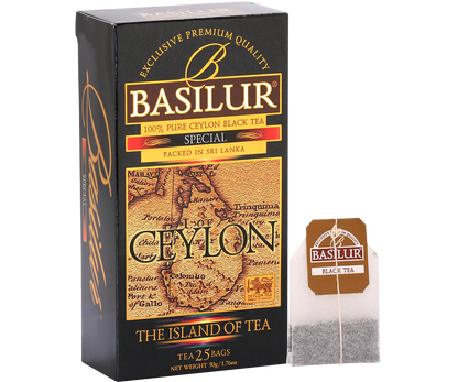 Pudełko herbaty Basilur Special z torebką czarnej herbaty.