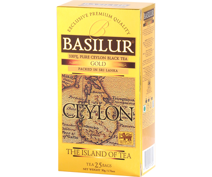 Bok pudełka herbaty Basilur Gold z logo i informacjami o produkcie.