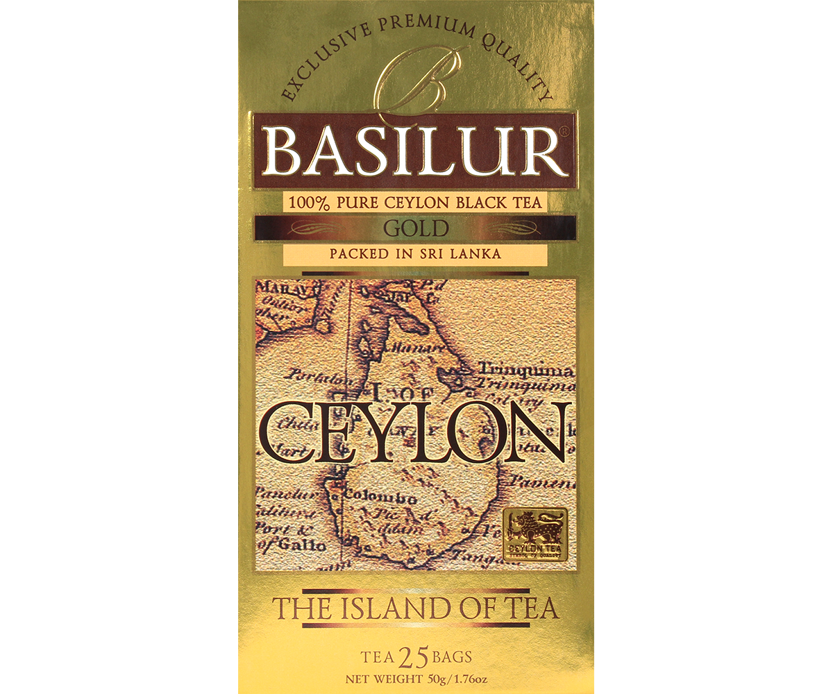 Złote opakowanie Basilur Gold z mapą Cejlonu.