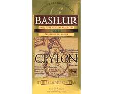 Złote opakowanie Basilur Gold z mapą Cejlonu.