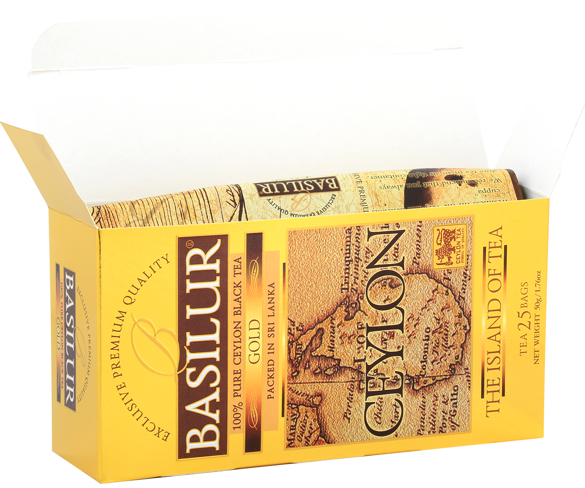 Otwarte pudełko Basilur Gold z widocznymi torebkami herbaty.