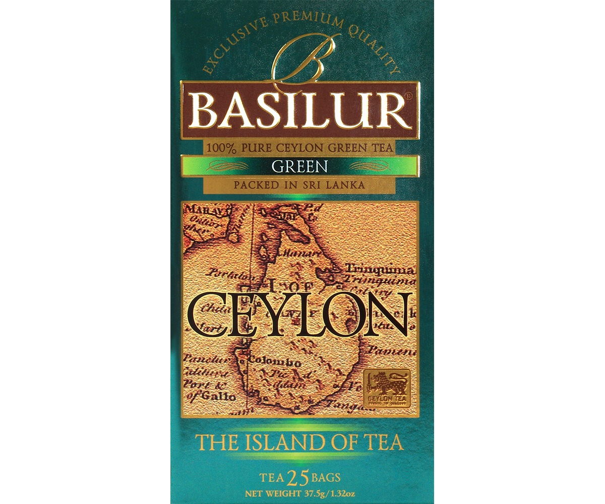 Zbliżenie na przód opakowania Basilur Green z mapą Cejlonu.