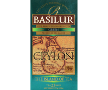 Zbliżenie na przód opakowania Basilur Green z mapą Cejlonu.