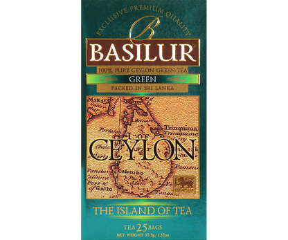 Zbliżenie na przód opakowania Basilur Green z mapą Cejlonu.