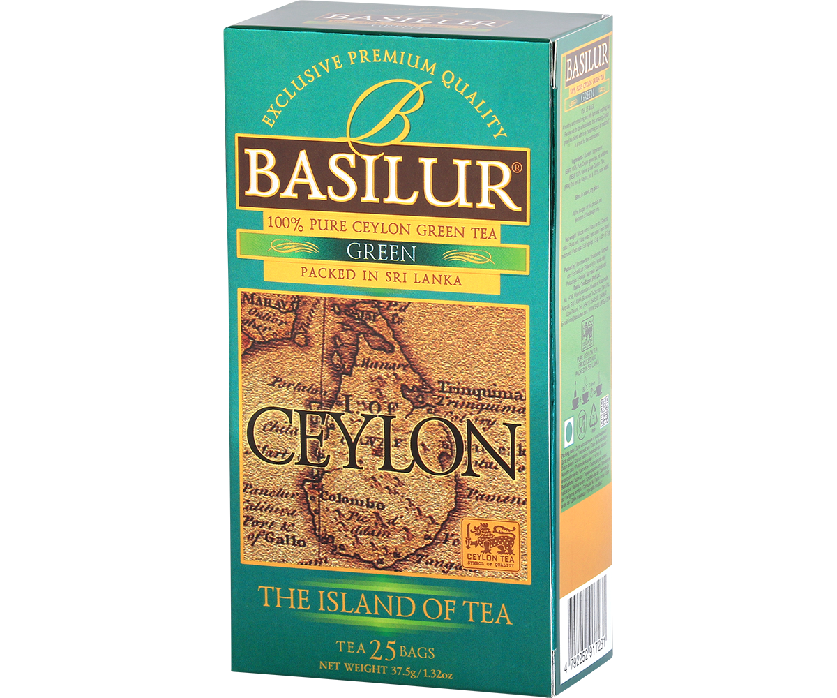 Bok opakowania Basilur Green z logo marki.