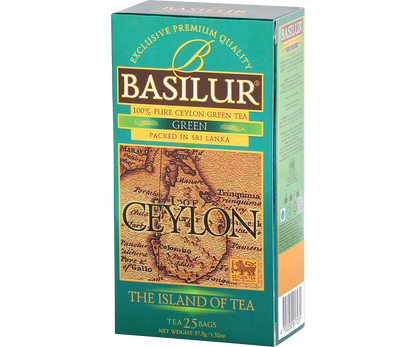 Bok opakowania Basilur Green z logo marki.