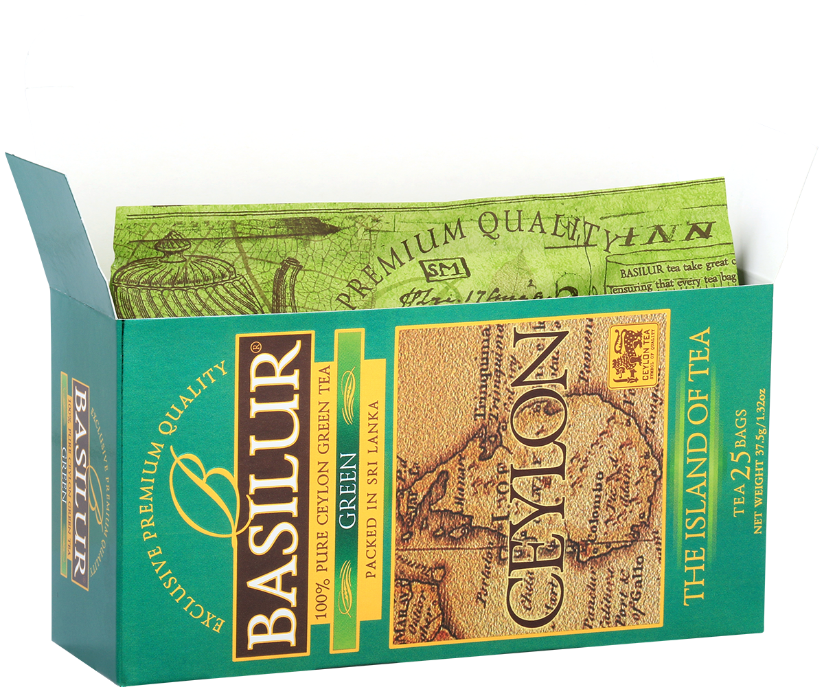 Otwarte pudełko Basilur Green z kopertami herbaty.