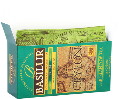 Otwarte pudełko Basilur Green z kopertami herbaty.
