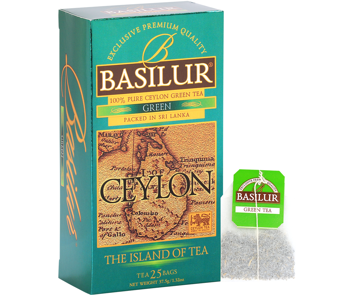 Basilur Green – pudełko z torebką herbaty na pierwszym planie.