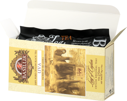 Otwarte pudełko Basilur Uva – foliowe opakowanie z herbatą cejlońską.
