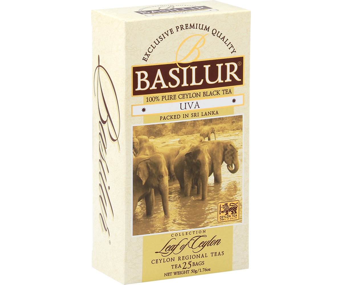 Bok pudełka Basilur Uva – eleganckie opakowanie z motywem słoni.