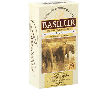 Bok pudełka Basilur Uva – eleganckie opakowanie z motywem słoni.