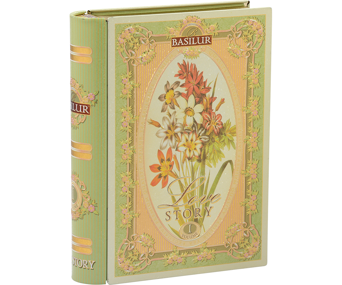 Zielona herbata Basilur Love Story vol. I – widok z boku eleganckiego opakowania.