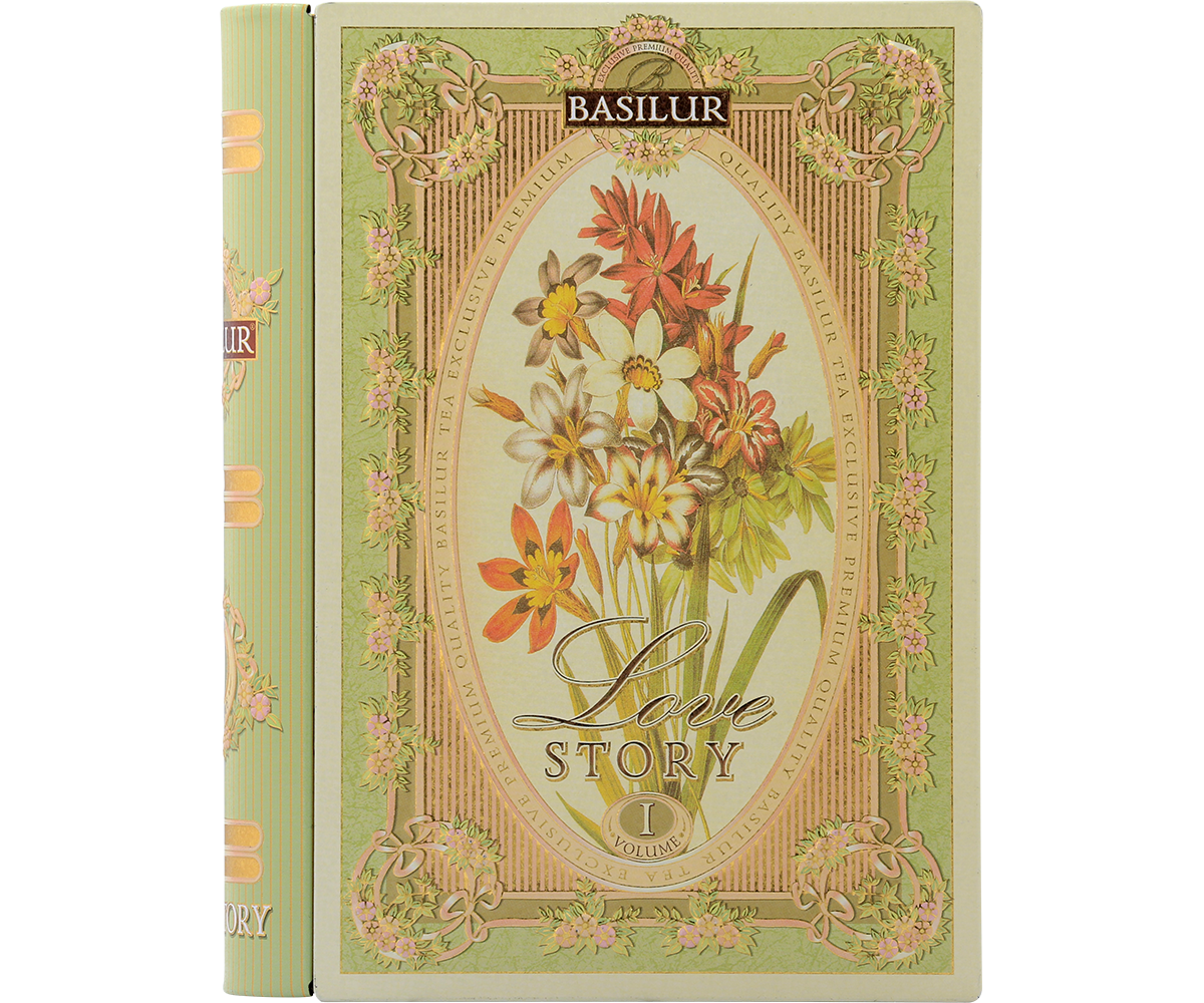 Puszka w kształcie książki Basilur Love Story vol. I z kwiatowym motywem na okładce.