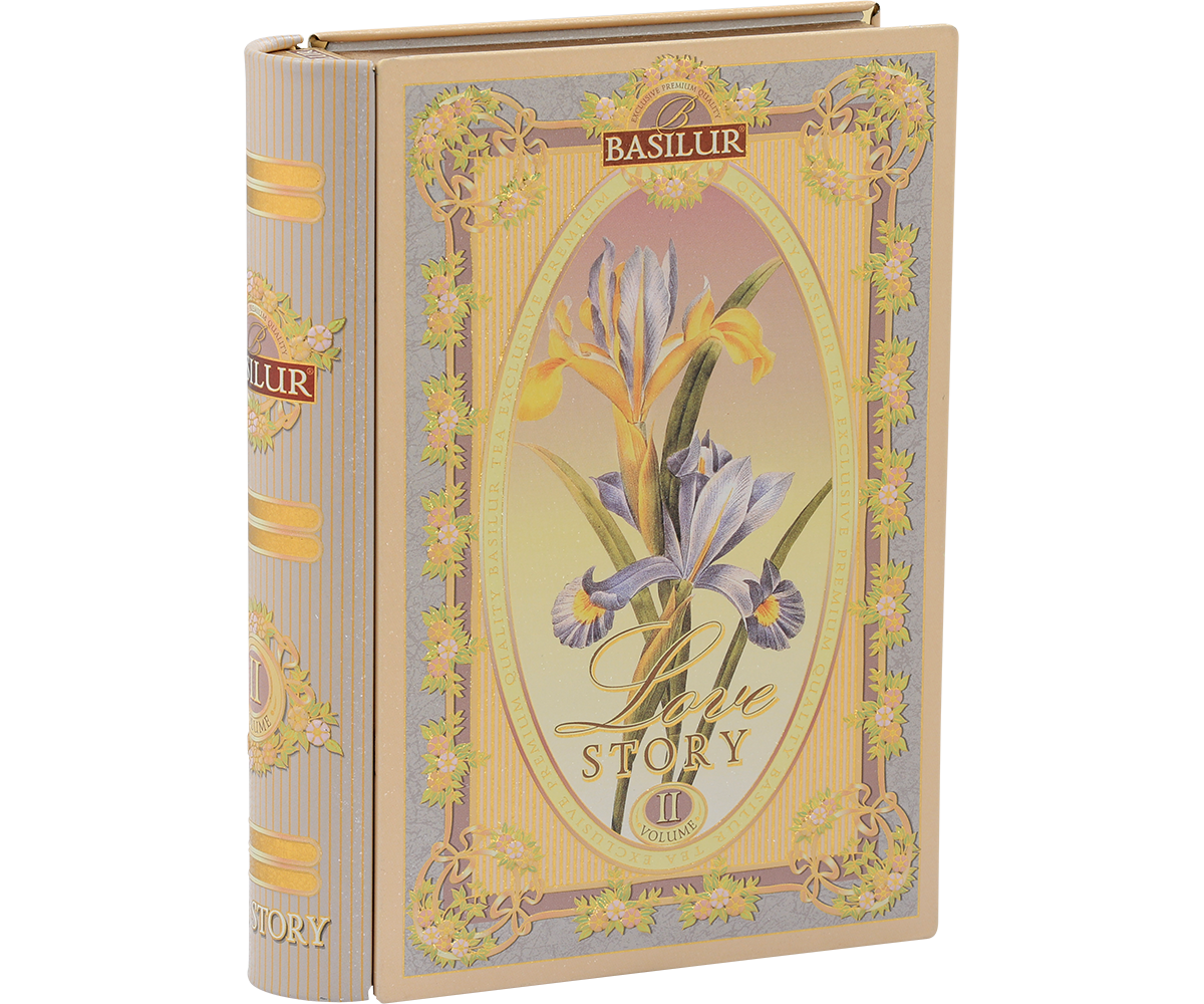 Opakowanie Basilur Love Story vol. II – bok z eleganckimi złotymi zdobieniami.