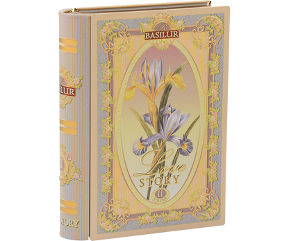 Opakowanie Basilur Love Story vol. II – bok z eleganckimi złotymi zdobieniami.