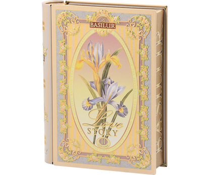 Herbata Basilur Love Story vol. II – bok z logo marki Basilur.