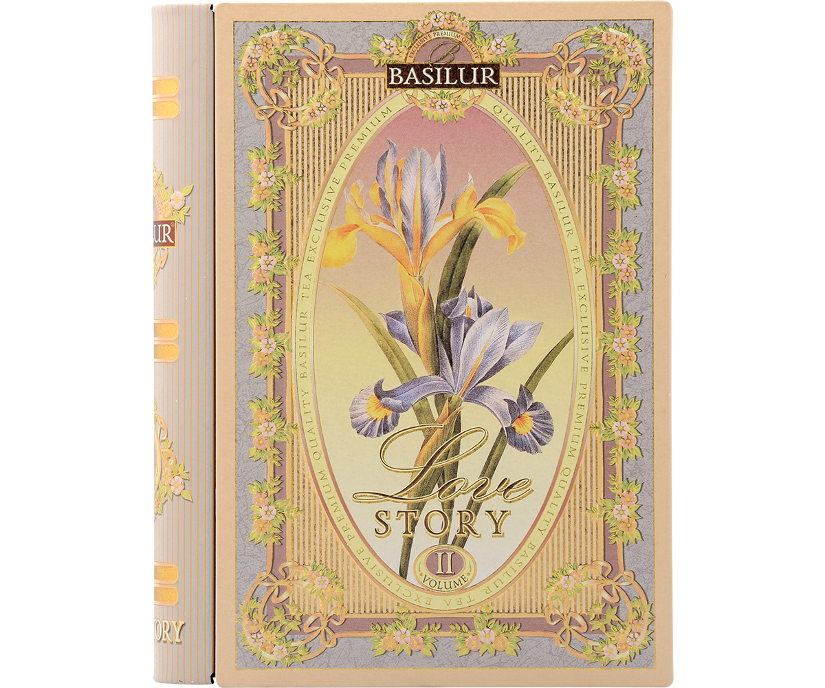 Herbata Basilur Love Story vol. II w ozdobnym opakowaniu przypominającym książkę z motywem irysów.