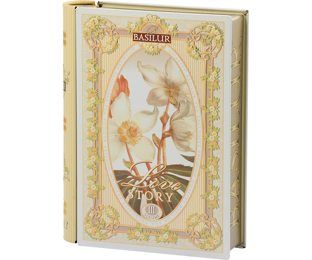 Herbata Basilur Love Story vol. III – bok z logo marki Basilur.