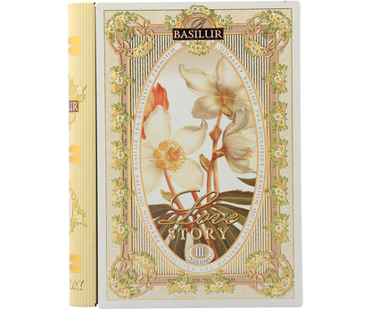 Herbata Basilur Love Story vol. III w eleganckim opakowaniu przypominającym książkę.