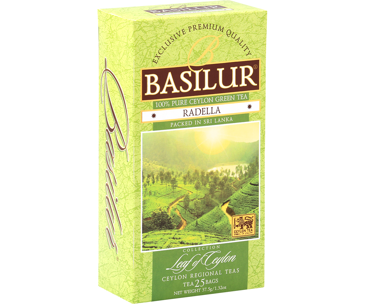 Bok opakowania Basilur Radella Green z informacjami o pochodzeniu herbaty