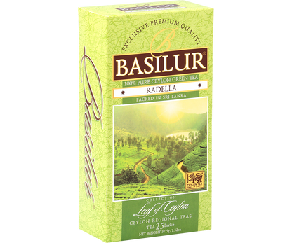Bok opakowania Basilur Radella Green z informacjami o pochodzeniu herbaty