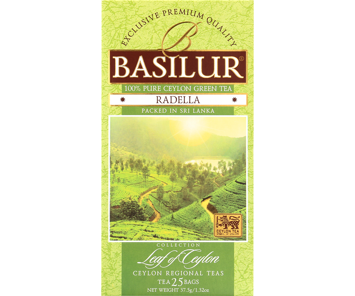 Front opakowania Basilur Radella Green Tea z widokiem plantacji herbaty na Sri Lance