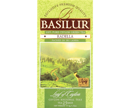 Front opakowania Basilur Radella Green Tea z widokiem plantacji herbaty na Sri Lance