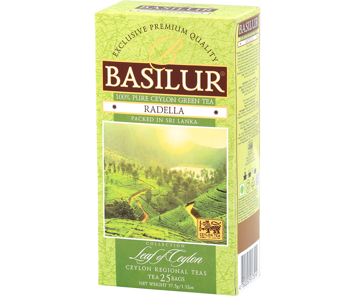 Otwarte pudełko Basilur Radella Green z zapakowanymi torebkami herbaty