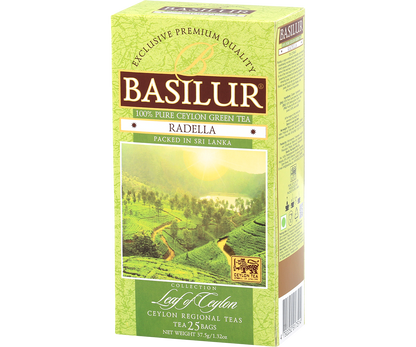 Otwarte pudełko Basilur Radella Green z zapakowanymi torebkami herbaty
