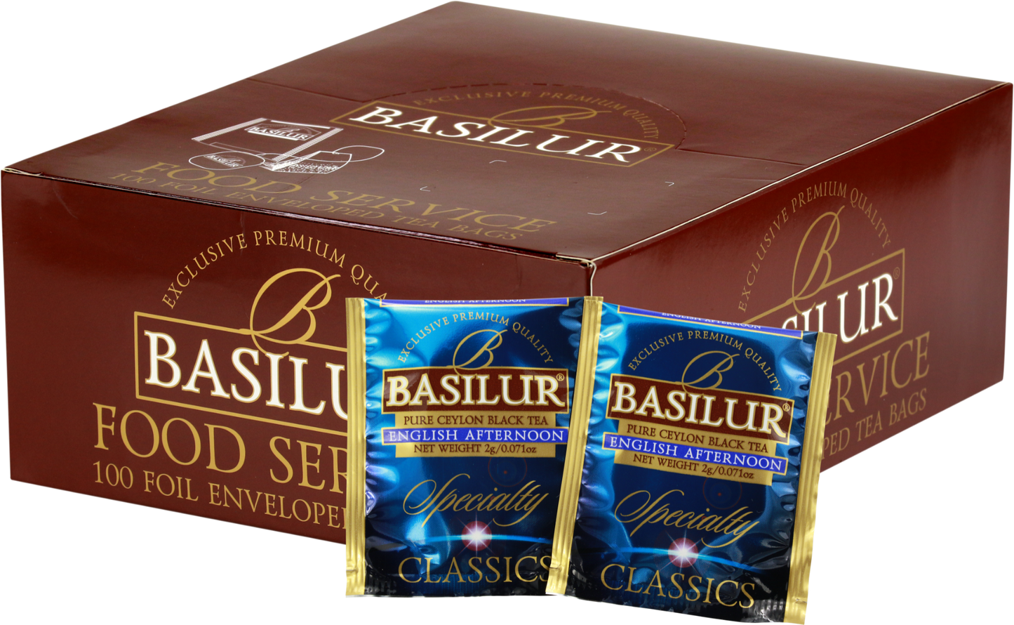Opakowanie herbaty Basilur Magic Nights z widocznymi saszetkami czarnej herbaty cejlońskiej z orientalnej kolekcji w niebiesko-złotych kopertach.