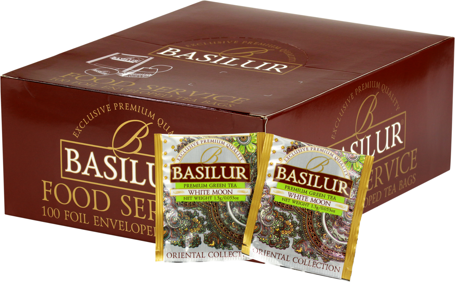 Opakowanie herbaty Basilur White Moon z widocznymi saszetkami zielonej herbaty cejlońskiej z orientalnej kolekcji w białych kopertach ze złotymi detalami.