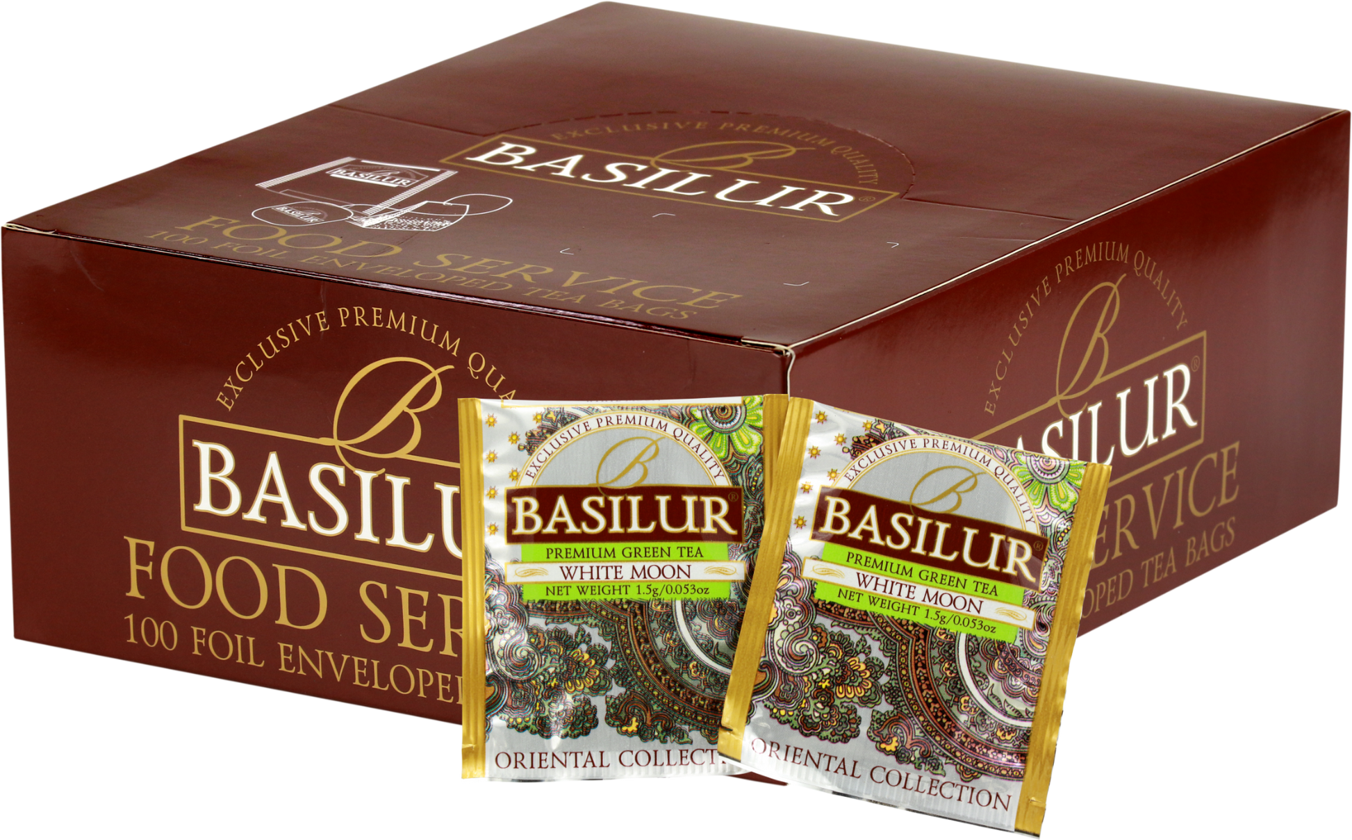 Opakowanie herbaty Basilur White Moon z widocznymi saszetkami zielonej herbaty cejlońskiej z orientalnej kolekcji w białych kopertach ze złotymi detalami.
