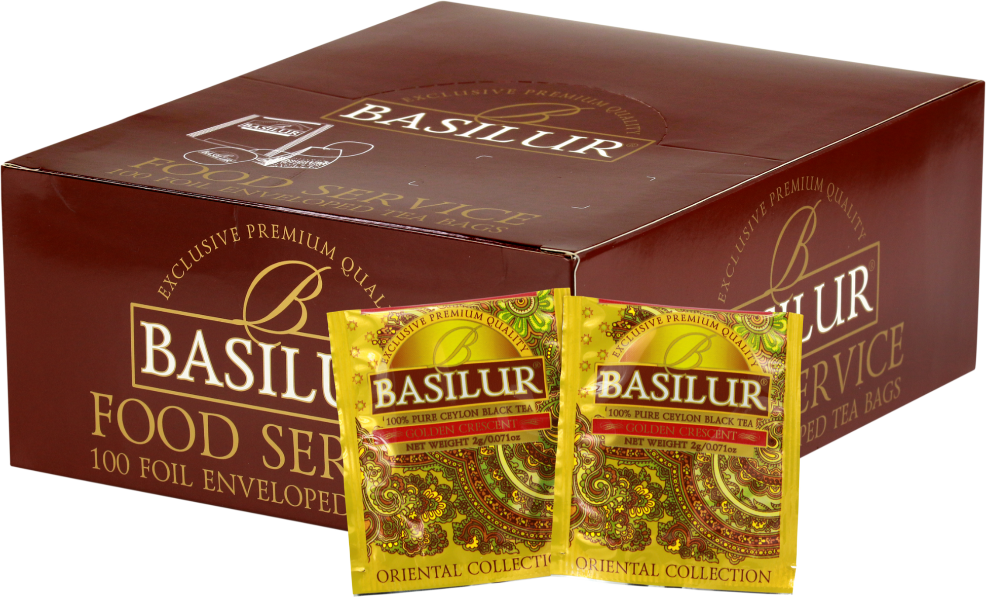 Opakowanie herbaty Basilur Golden Crescent 100 x 2 g z kolekcji Oriental Collection w złotej szacie graficznej.