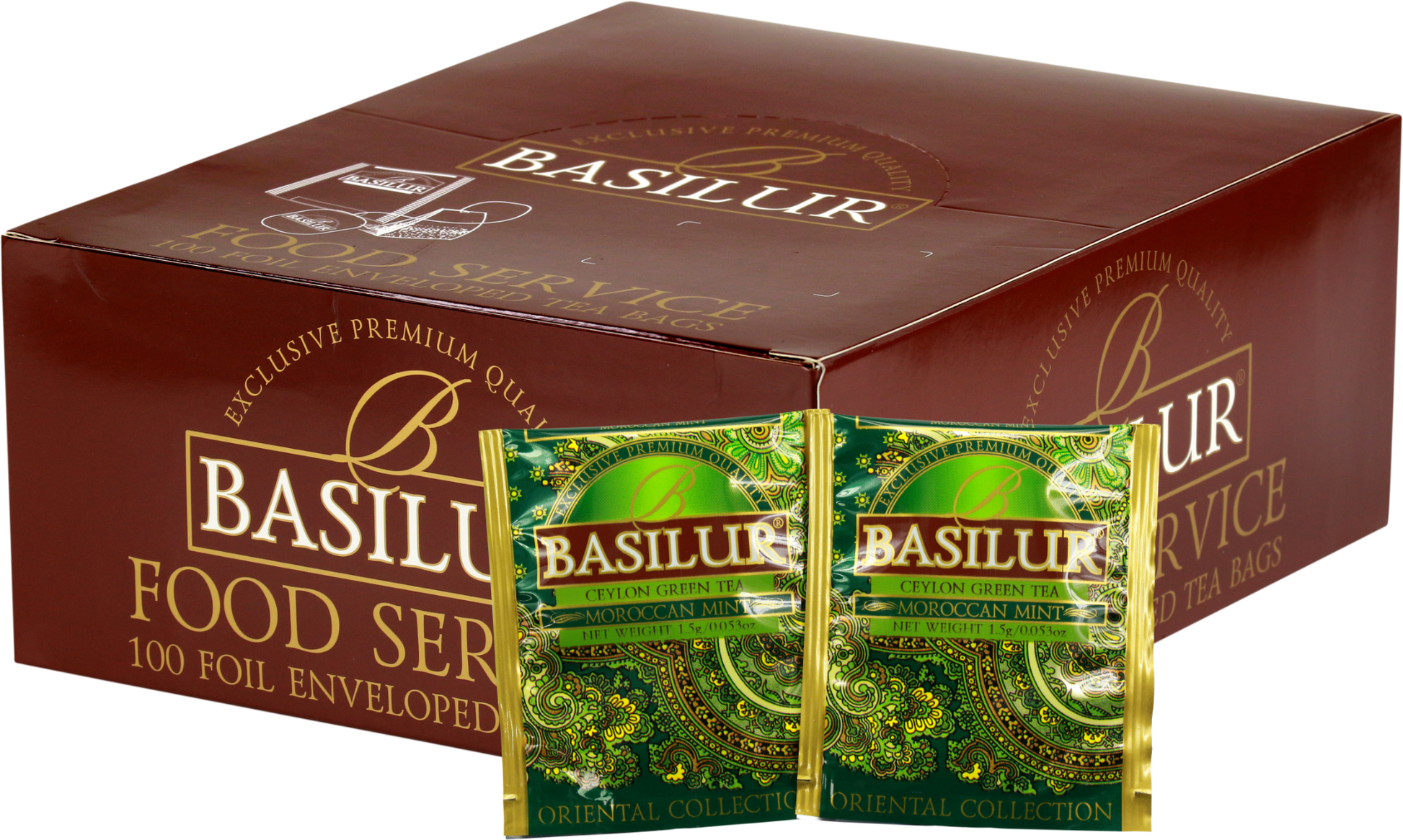 Opakowanie herbaty Basilur Moroccan Mint z widocznymi saszetkami zielonej herbaty cejlońskiej z miętą w zielonych kopertach z orientalnym wzorem.