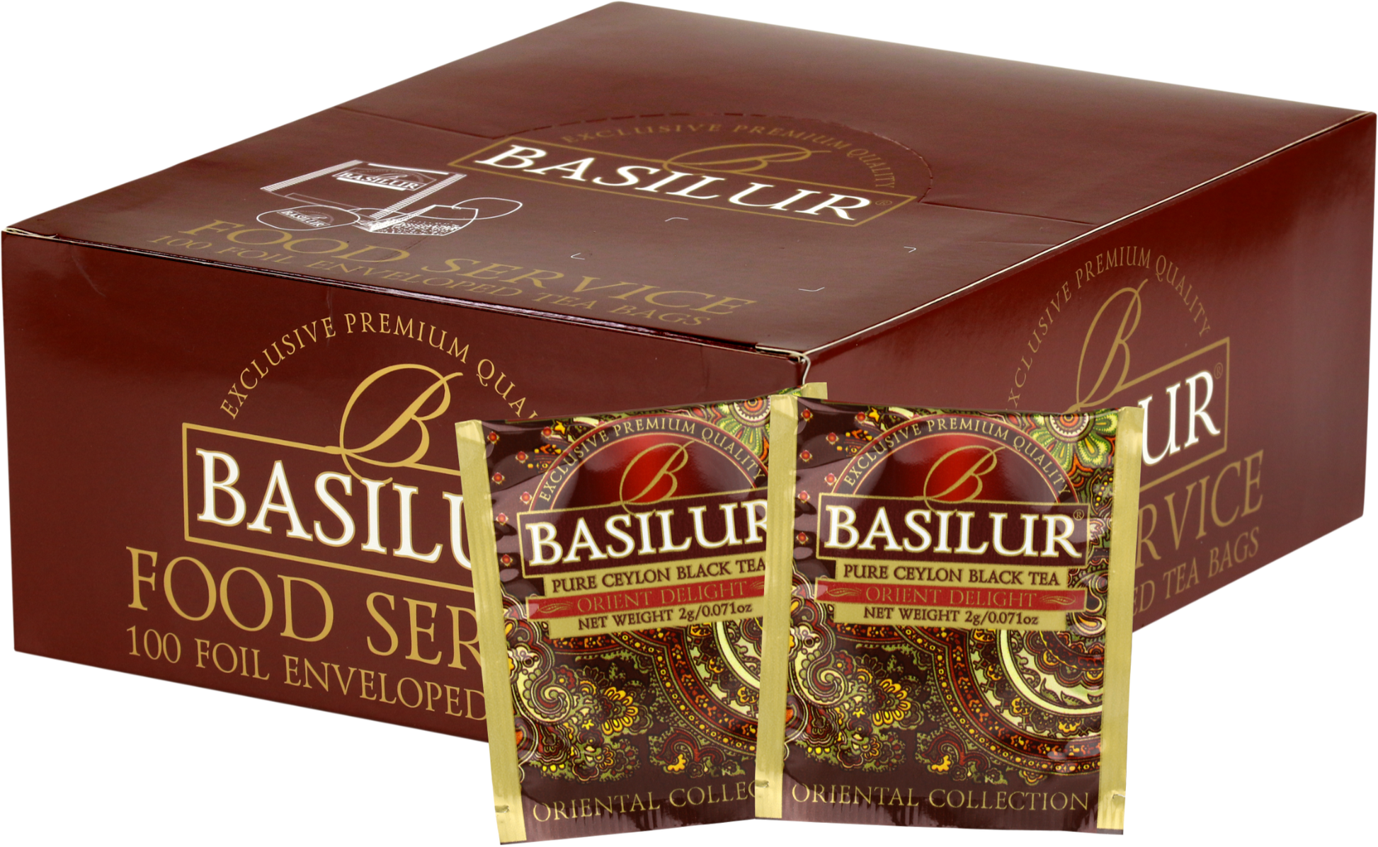 Opakowanie herbaty Basilur Orient Delight z widocznymi saszetkami czarnej herbaty cejlońskiej z orientalnej kolekcji w brązowo-złotych kopertach z ornamentem.