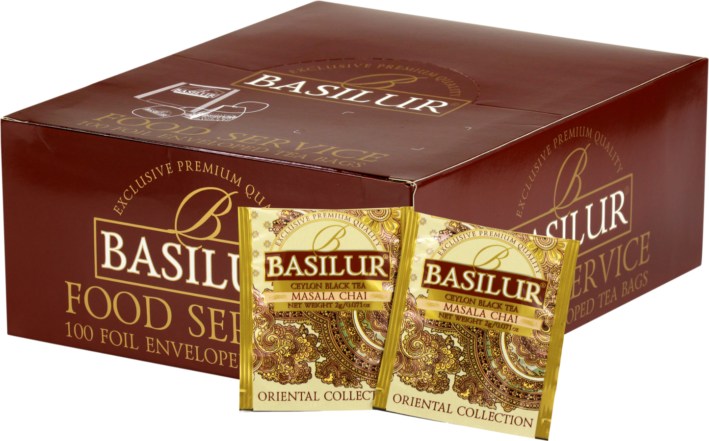 Opakowanie herbaty Basilur Masala Chai z widocznymi saszetkami czarnej herbaty cejlońskiej z przyprawami w złoto-brązowych kopertach z orientalnym wzorem.