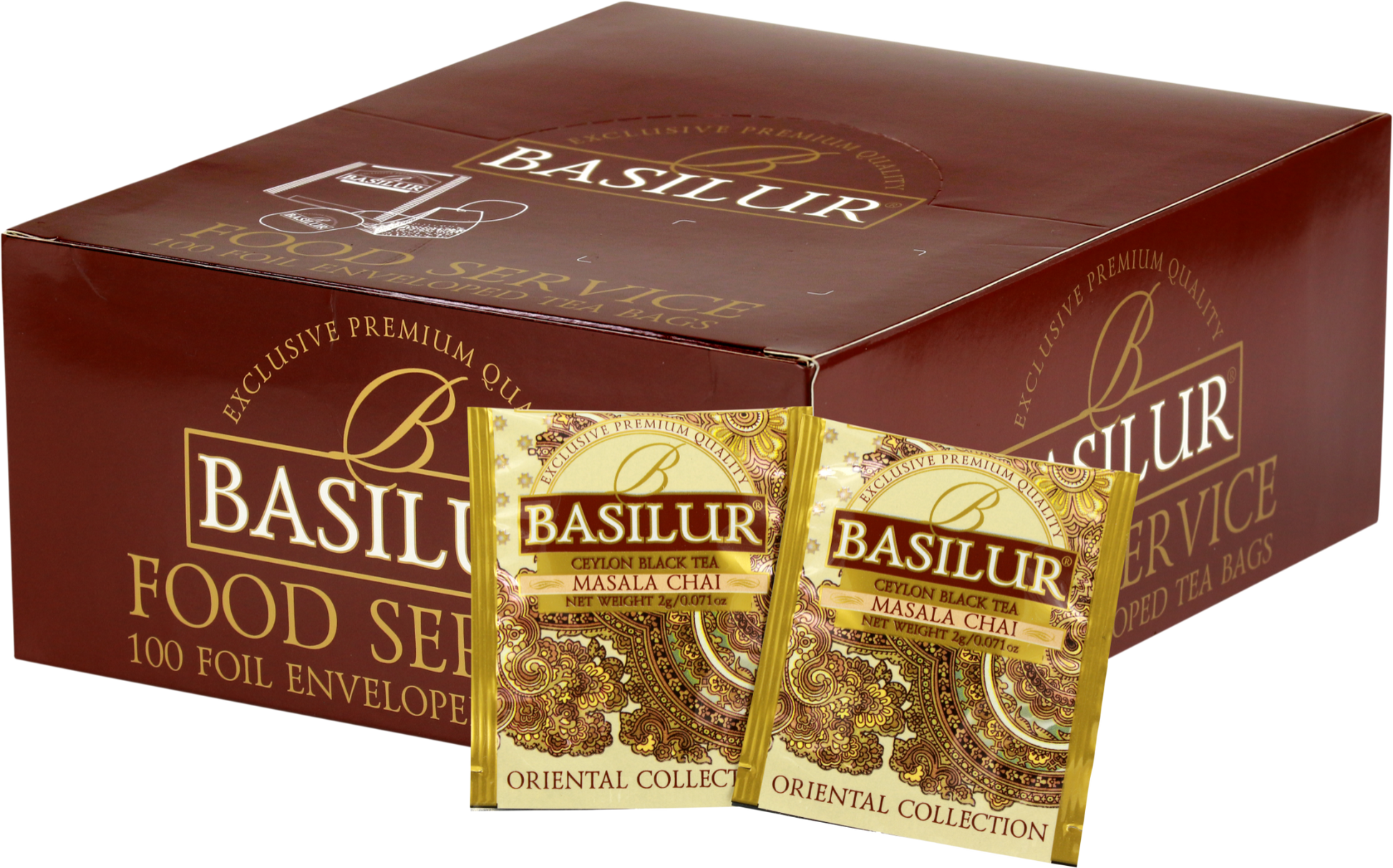 Opakowanie herbaty Basilur Masala Chai z widocznymi saszetkami czarnej herbaty cejlońskiej z przyprawami w złoto-brązowych kopertach z orientalnym wzorem.