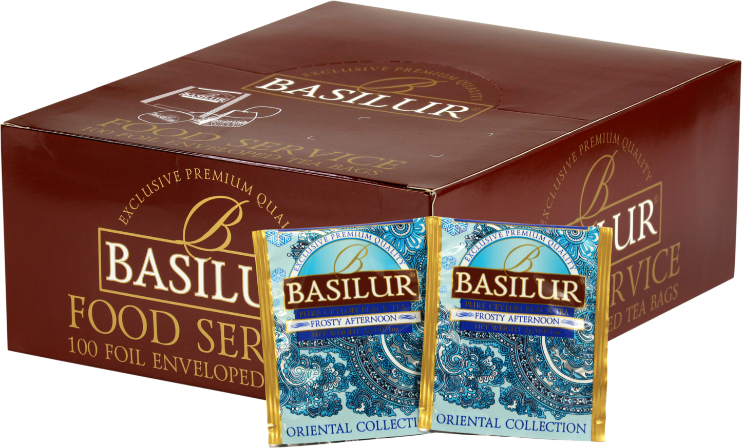 Opakowanie herbaty Basilur Frosty Afternoon z widocznymi saszetkami czarnej herbaty cejlońskiej w niebiesko-złotych kopertach z orientalnym wzorem.